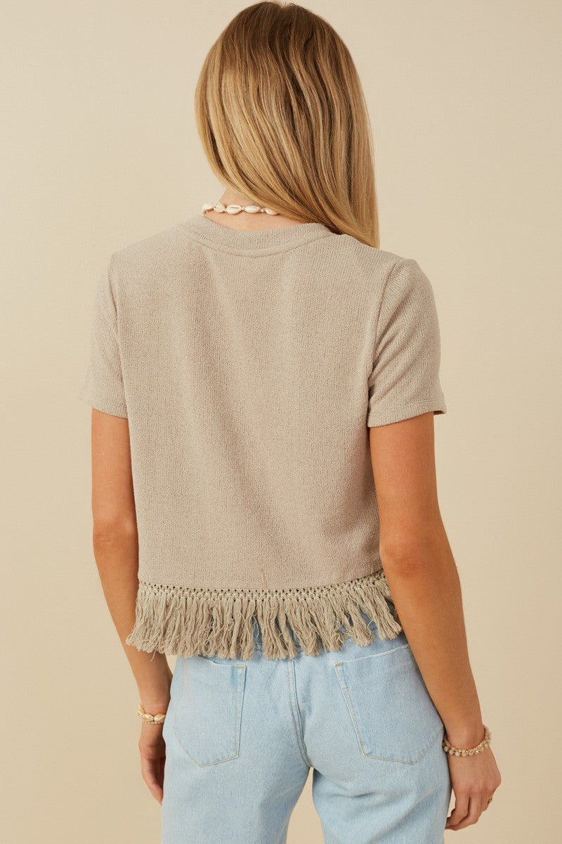 Womens Fringed Tassel Hem Textured Knit Top