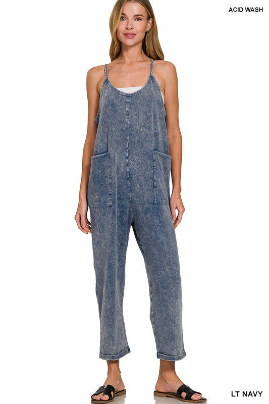 WASHED SPAGHETTI STRAPS OVERALLS WITH POCKETS