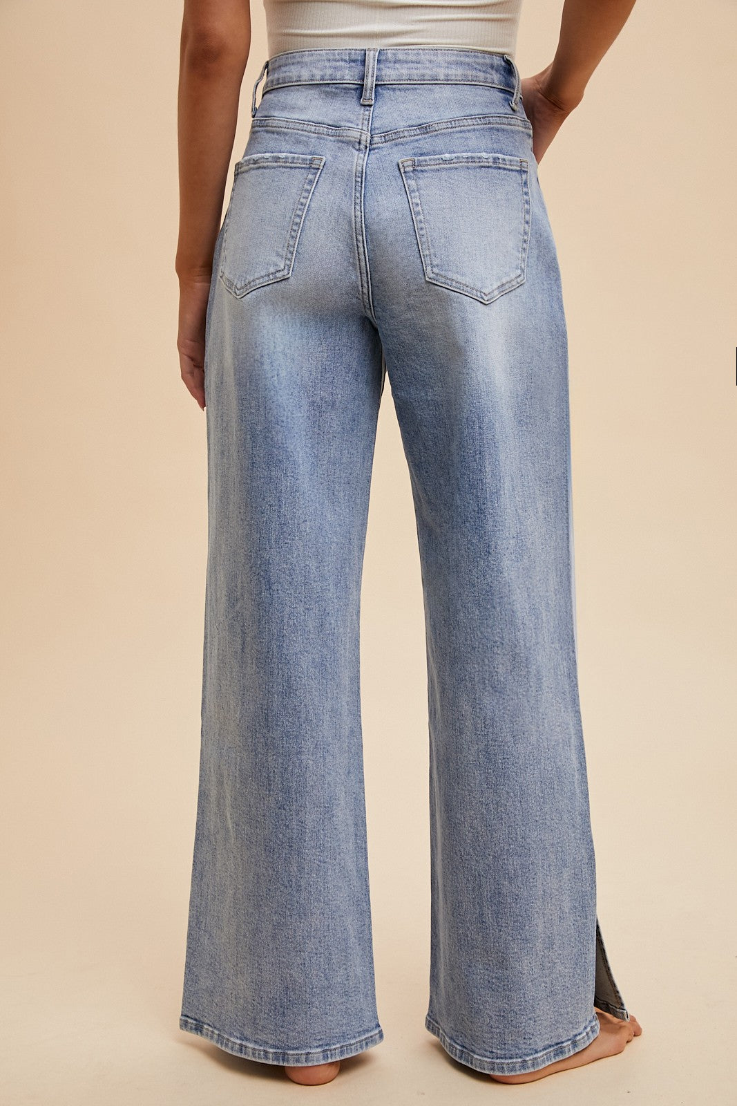 Waist Strap Detail Stretch Side Slit Wide Leg Jean