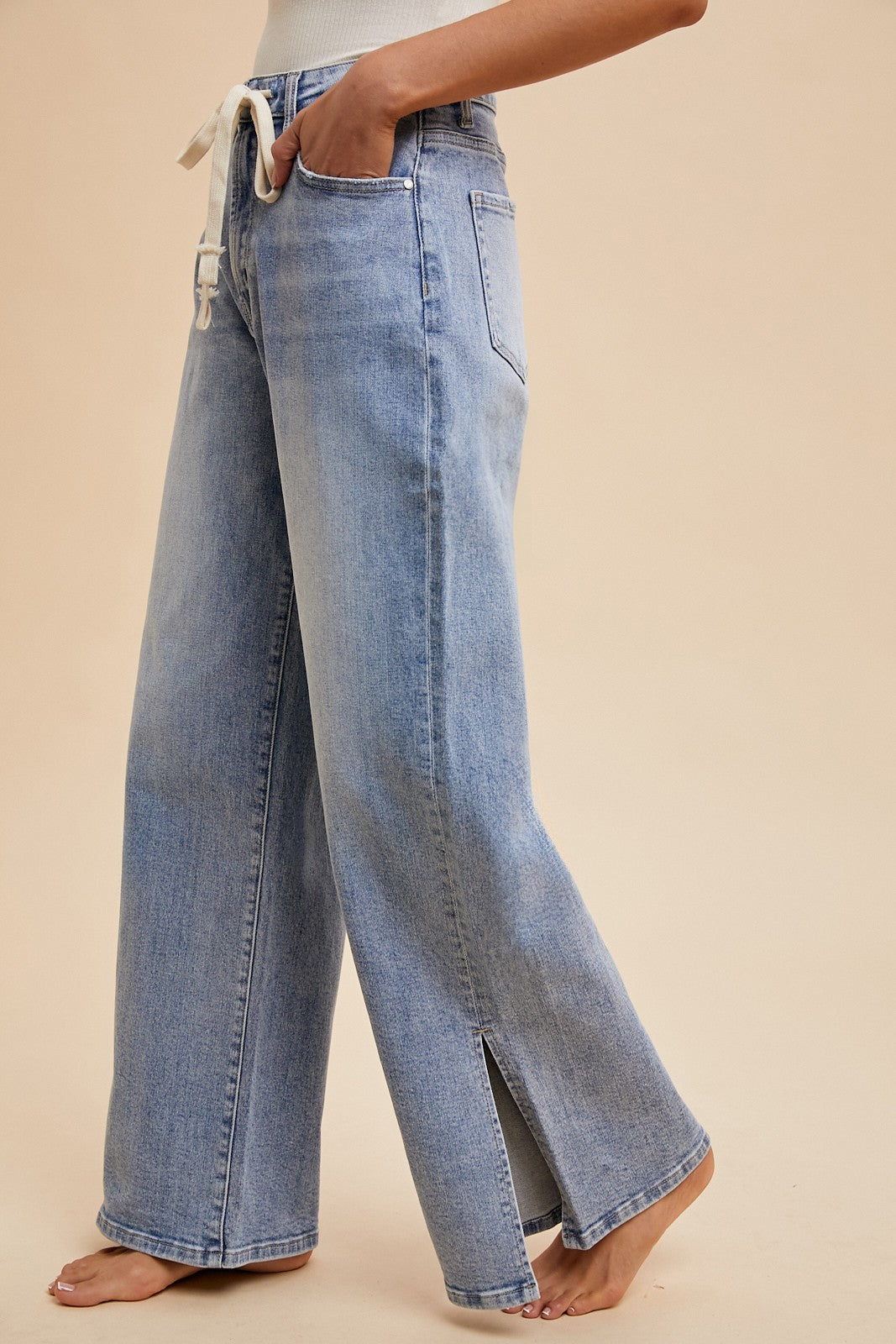 Waist Strap Detail Stretch Side Slit Wide Leg Jean