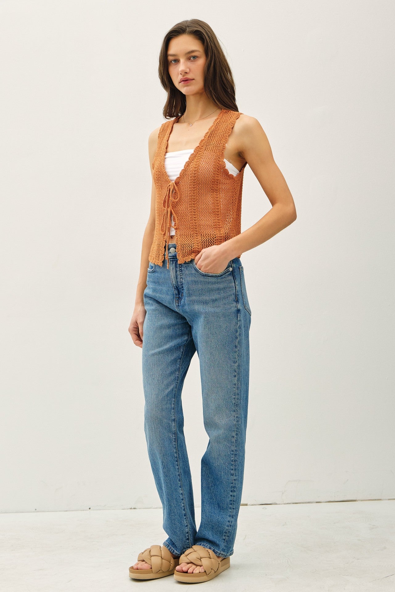 BREEZY, CROCHET KNIT VEST W/ TIE FASTENINGS