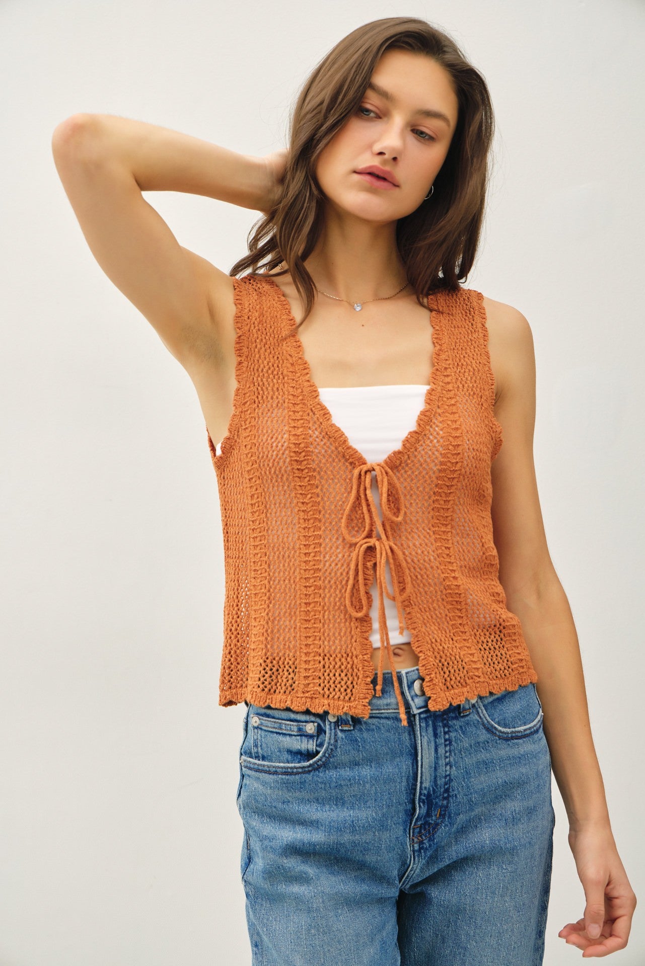 BREEZY, CROCHET KNIT VEST W/ TIE FASTENINGS