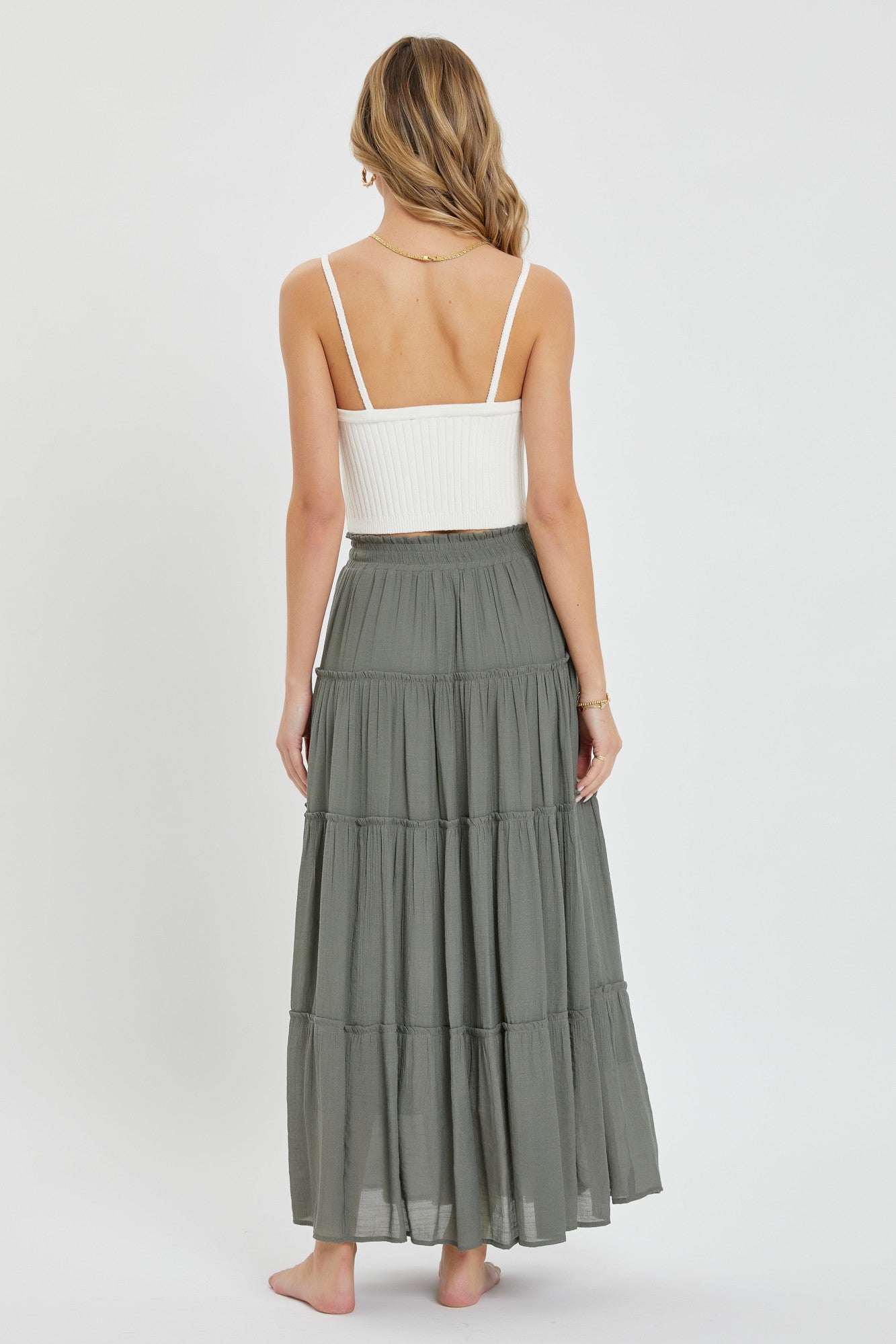 CASUAL PULL ON ELASTIC WAIST TIERED MAXI SKIRT