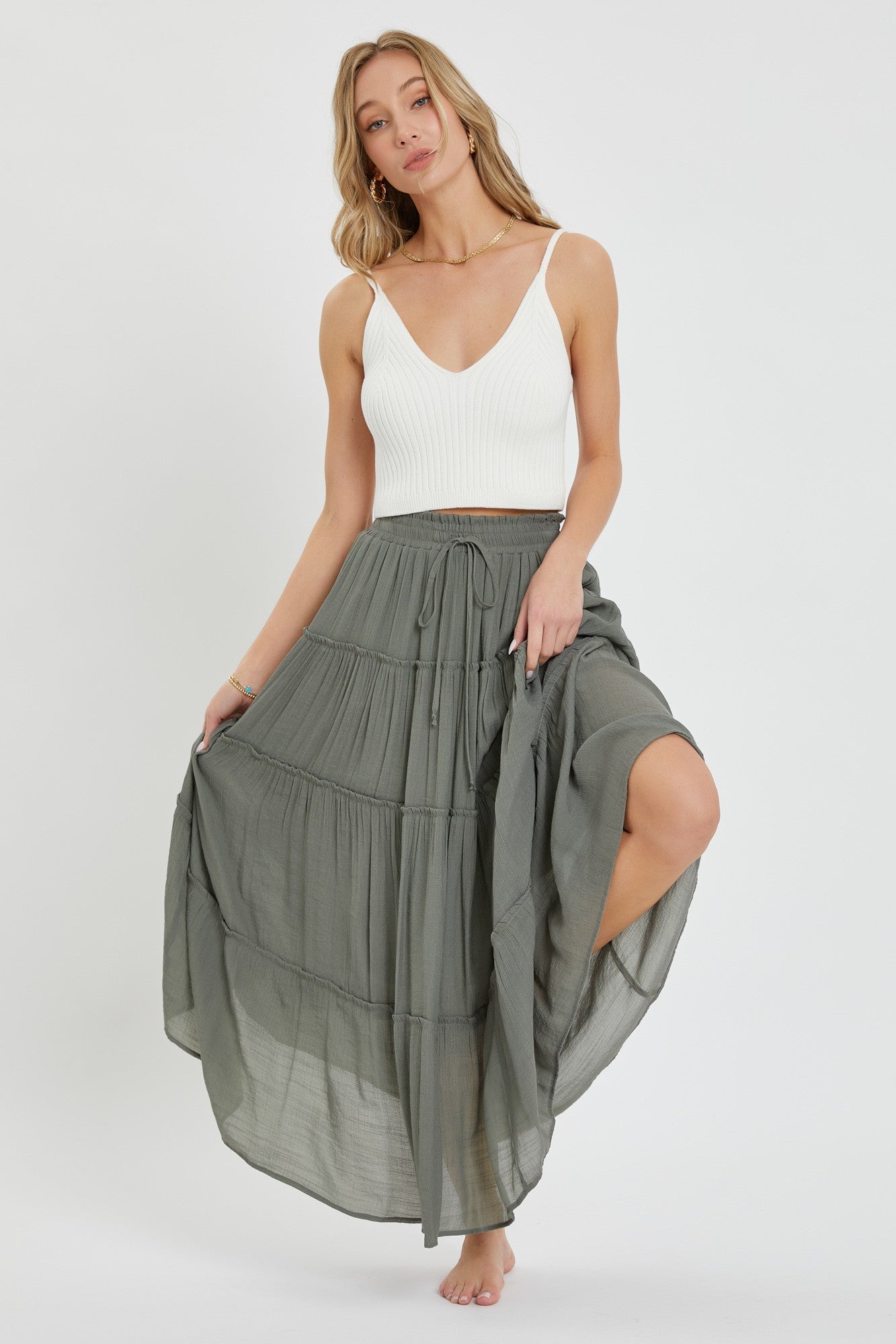 CASUAL PULL ON ELASTIC WAIST TIERED MAXI SKIRT