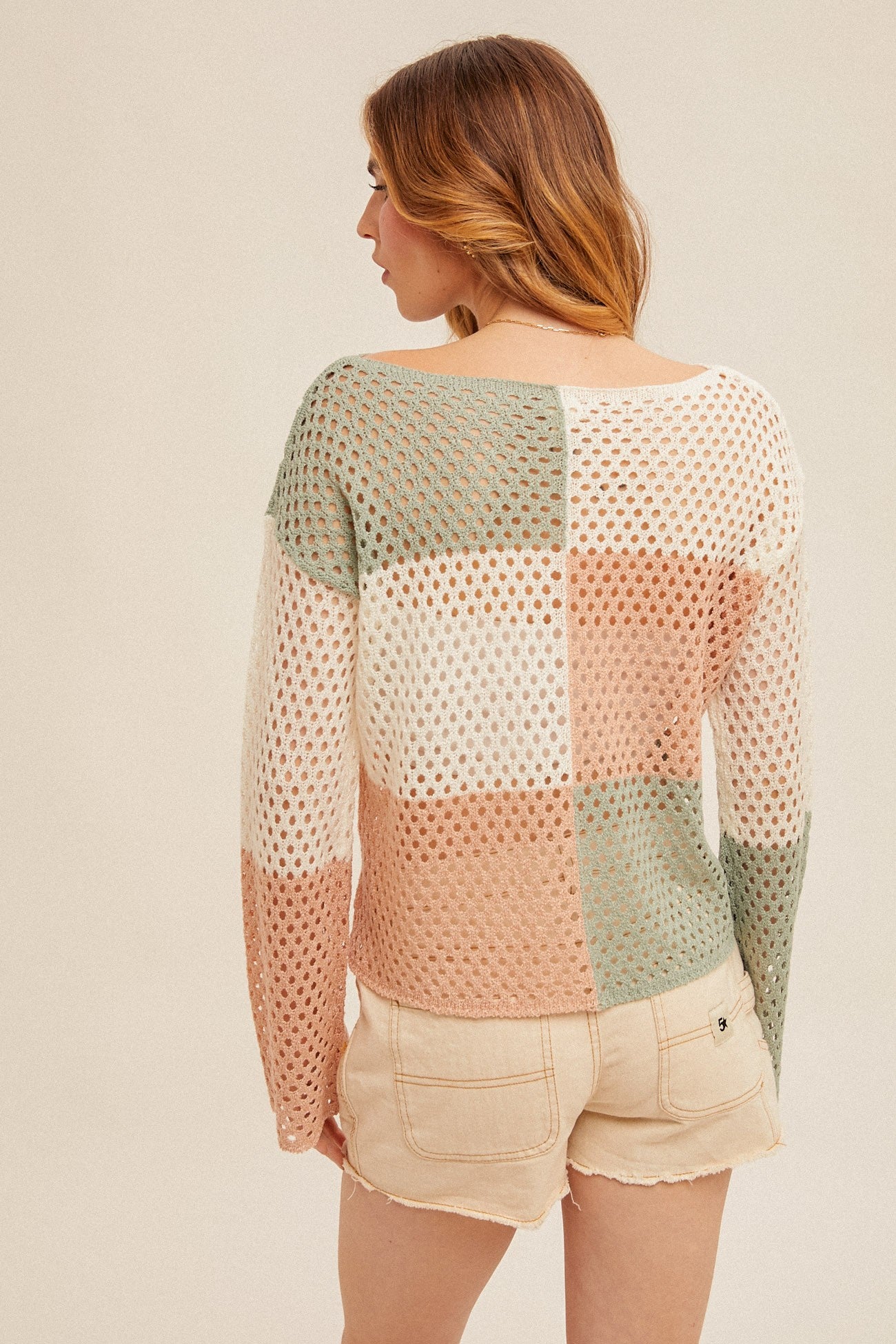 COLOR BLOCK FISHNET BOAT NECK SWEATER