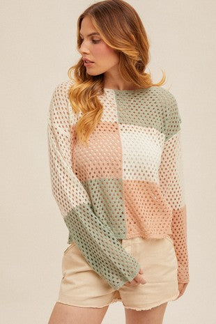 COLOR BLOCK FISHNET BOAT NECK SWEATER