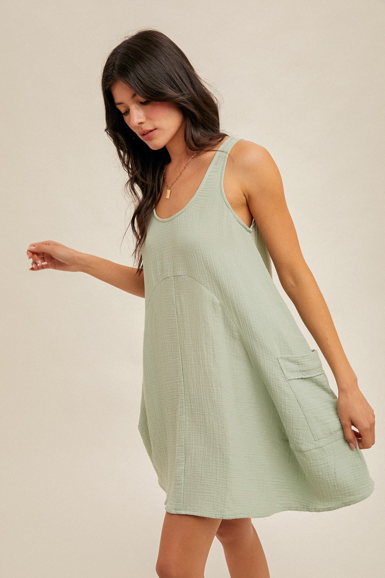 COTTON DOUBLE GAUZE SLEEVELESS MINI FLOWY DRESS