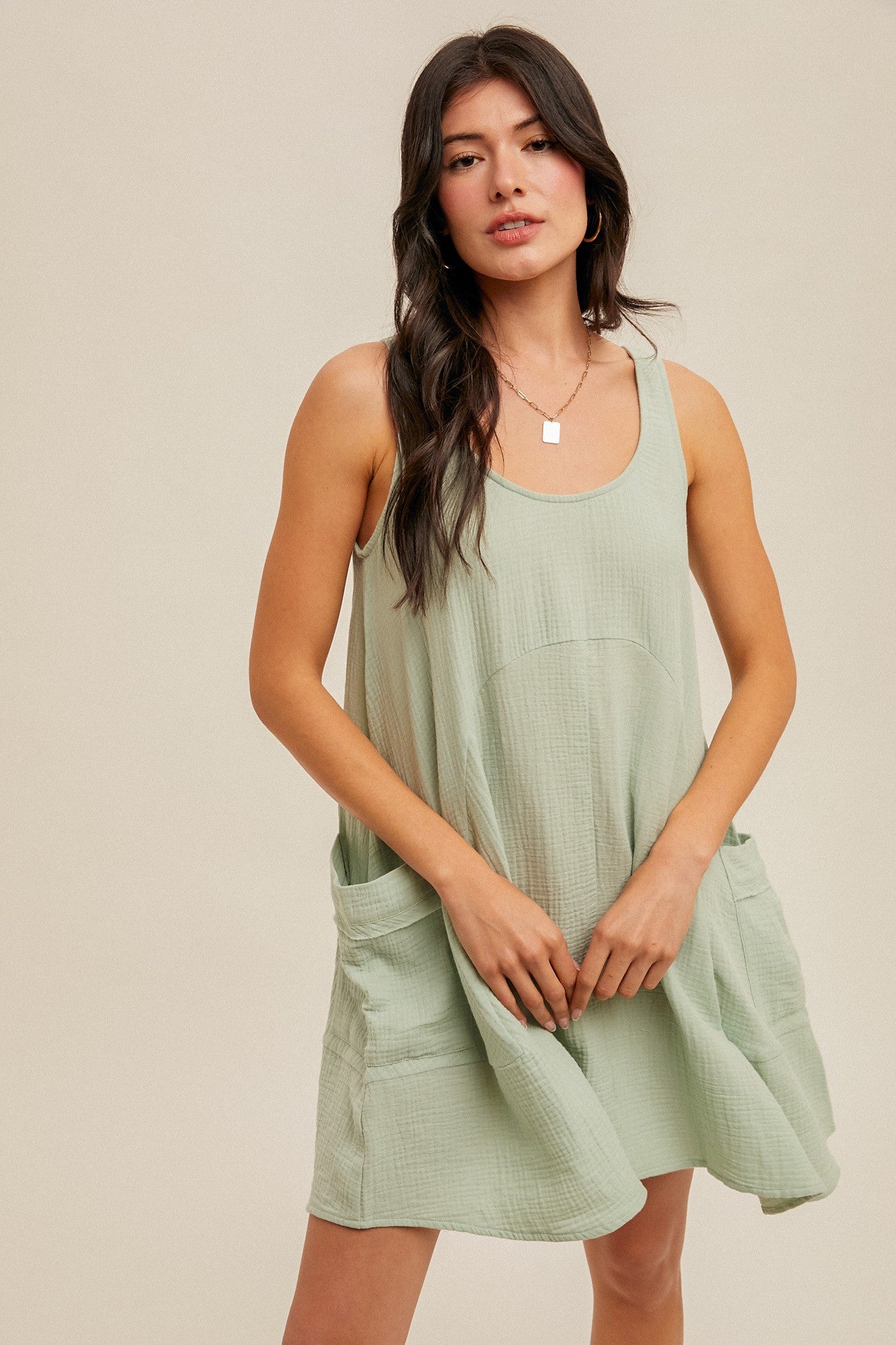 COTTON DOUBLE GAUZE SLEEVELESS MINI FLOWY DRESS COTTON DOUBLE GAUZE SLEEVELESS MINI FLOWY DRESS