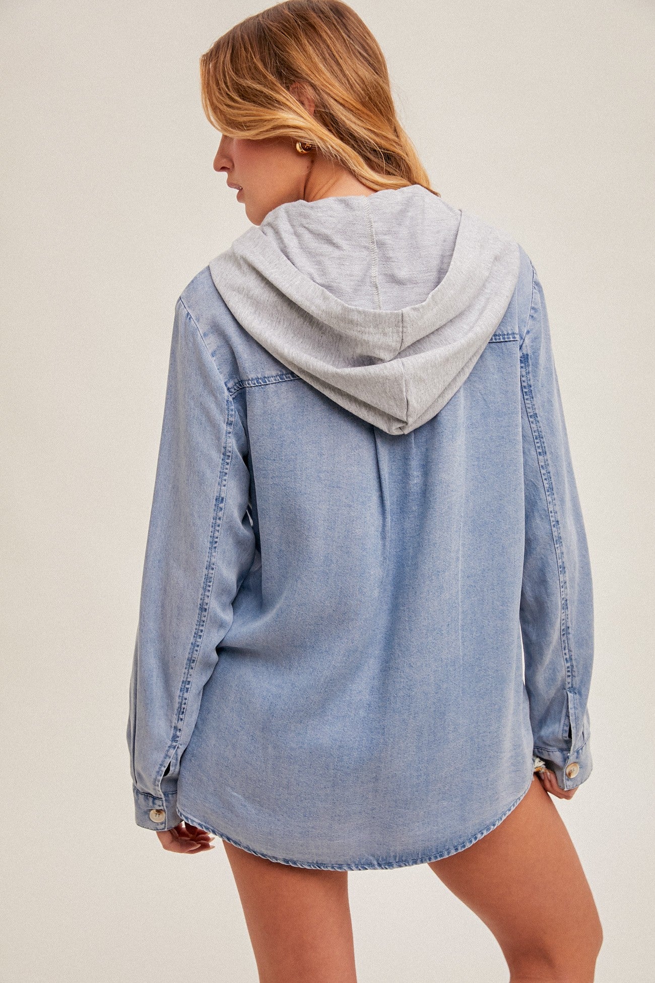 CONTRAST HOODED BUTTON DOWN DENIM SHACKET