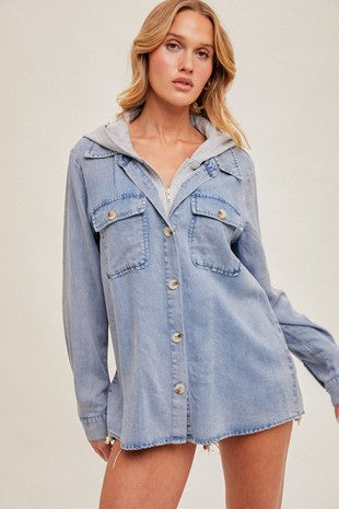 CONTRAST HOODED BUTTON DOWN DENIM SHACKET