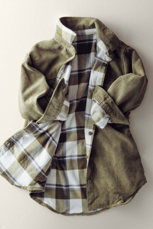 Corduroy And Plaid Flannel Shacket W/chest Pockets