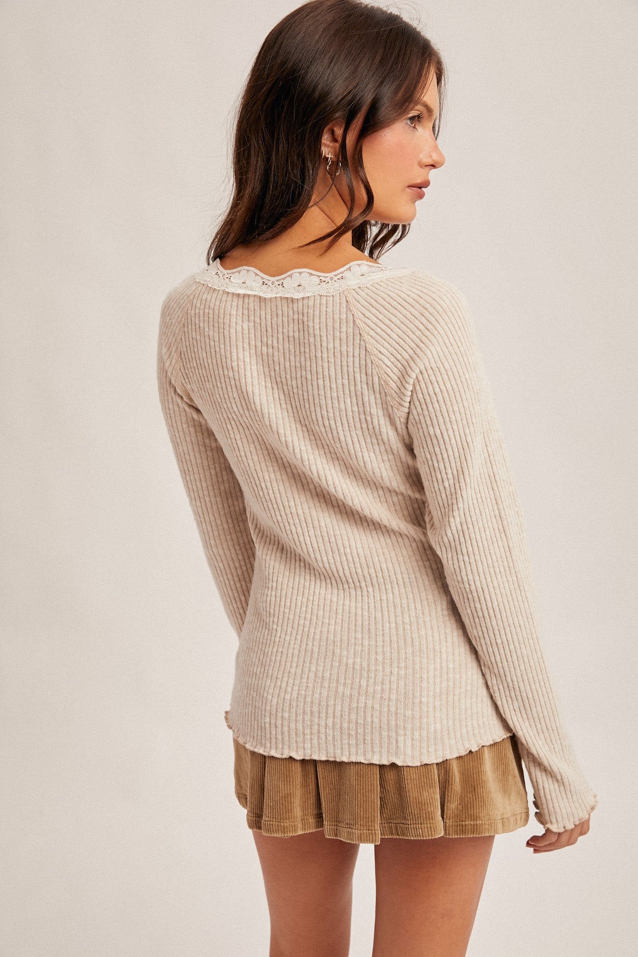 Brushed Rib Lace Trimmed Henley Top