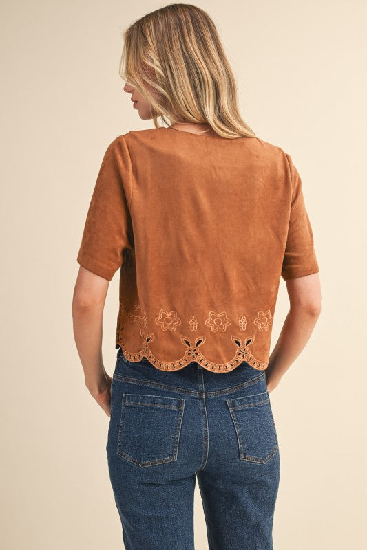 Suede Border Cutout Detailed Short Sleeve Top