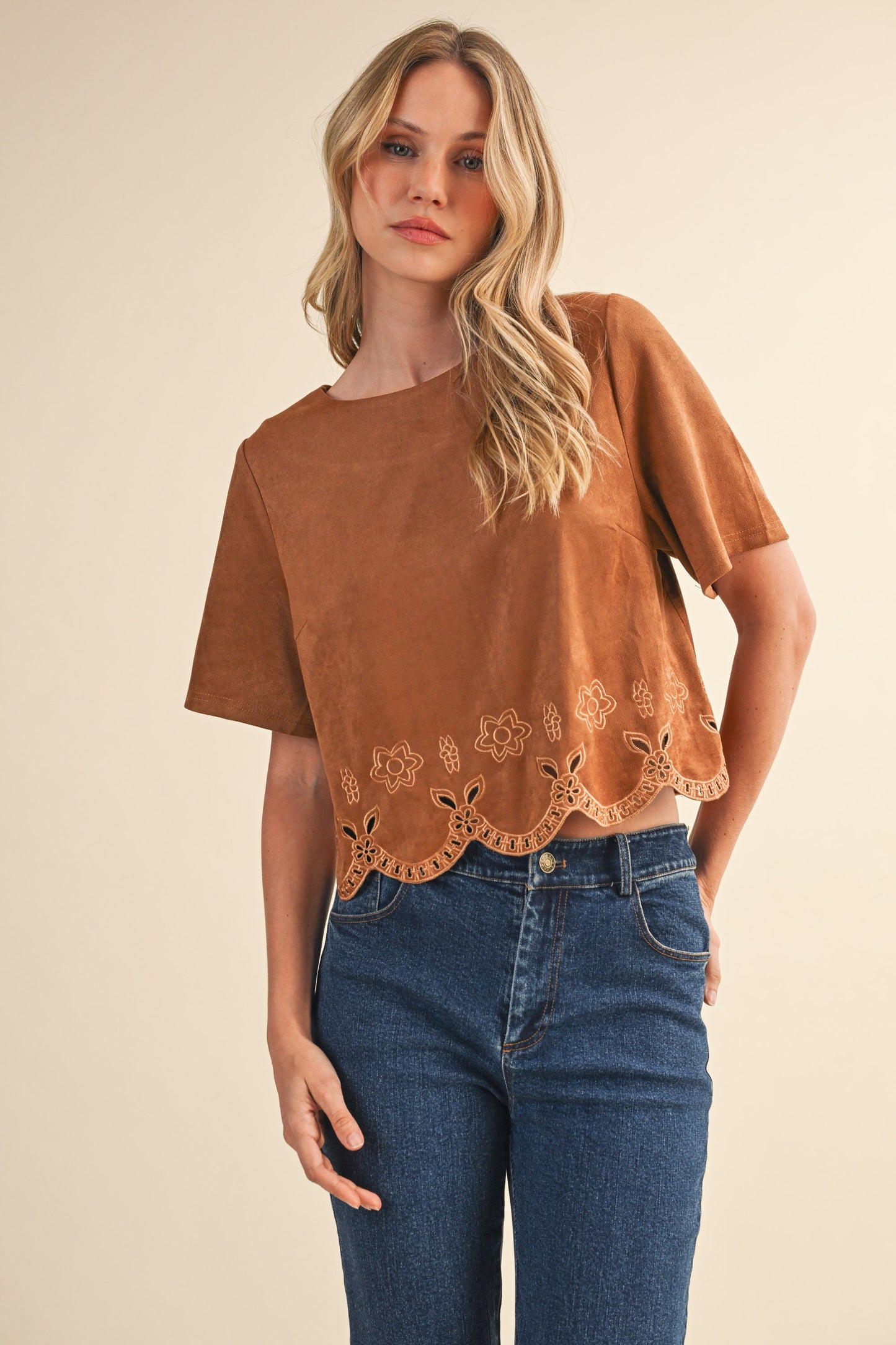 Suede Border Cutout Detailed Short Sleeve Top