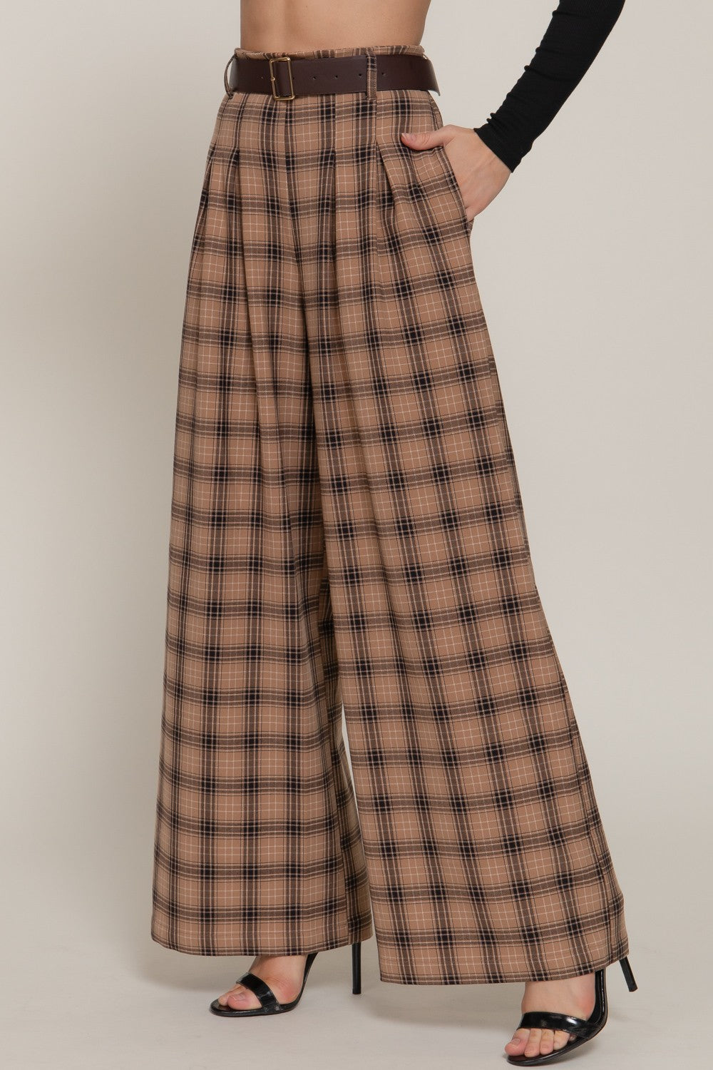 Pleats Belted Plaid Wide Long Pants