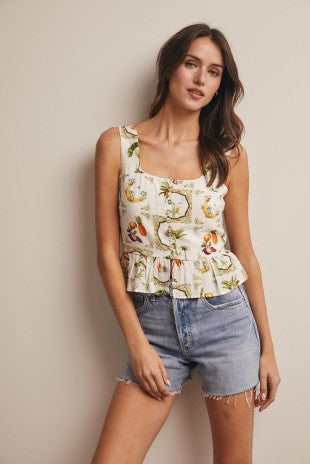 Tropical Print Lined Peplum Top