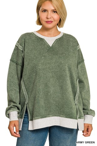 Plus Fleece Acid Washed Contrast Trim Pullover