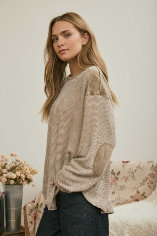 Boxy Textured Long Sleeve Washed Knit Top