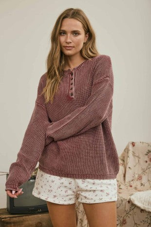 Washed Ribbed Henley Drop Shoulder Knit Sweater