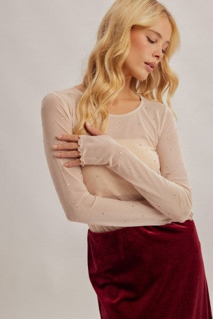 Rhinestud Embellished Mesh Long Sleeve Top