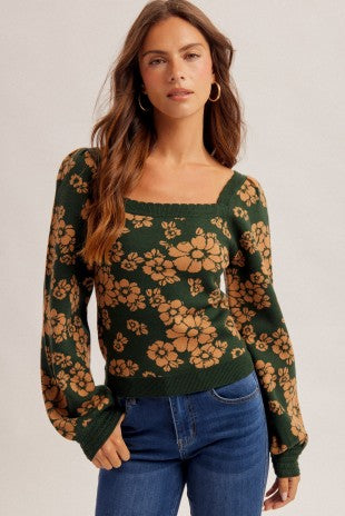 Floral Print Square Neck Bubble Sleeve Sweater Top