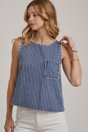 Washed Stripe Denim Sleeveless Top With Scalloped Edge