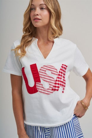 Vintage Wash Big Usa Letter Patch Oversized 4th Of July Top