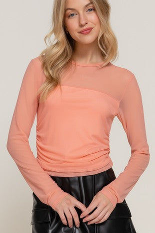 LONG SLV SIDE RUCHED DETAIL MESH TOP