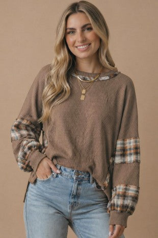 Oversized Plaid Contrast Thermal Knit Top