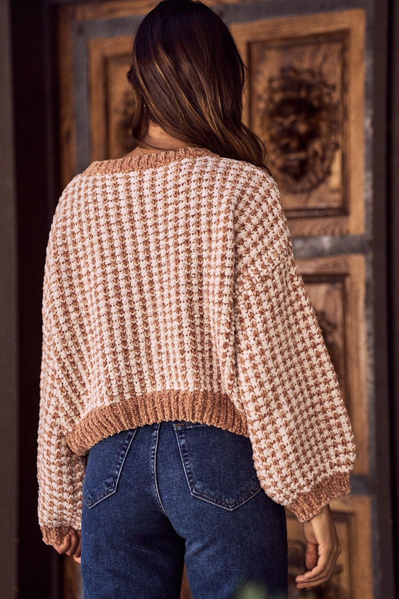 Chenille Two Tone Crew Neck Sweater Knit Top