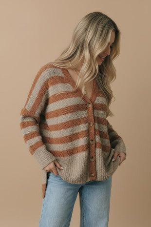 Plus V Neck Stripe Popcorn Oversized Fit Cardigan