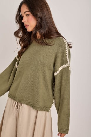 Loose Fit Sweater Top With Contrast Blanket Stitch