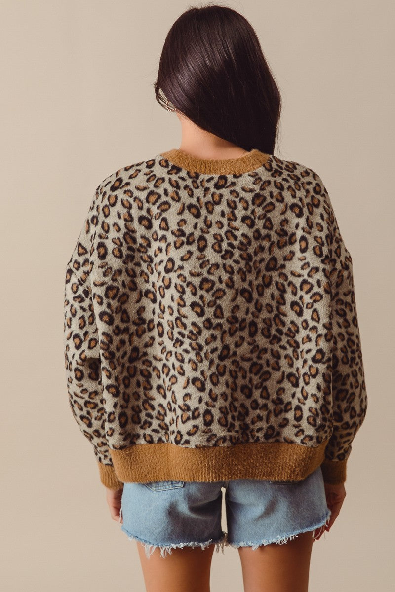 Fuzzy Leopard Knit Top With Contrast Rib Edges