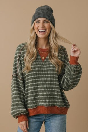 Crew Neck Stripe Pullover Knit Top
