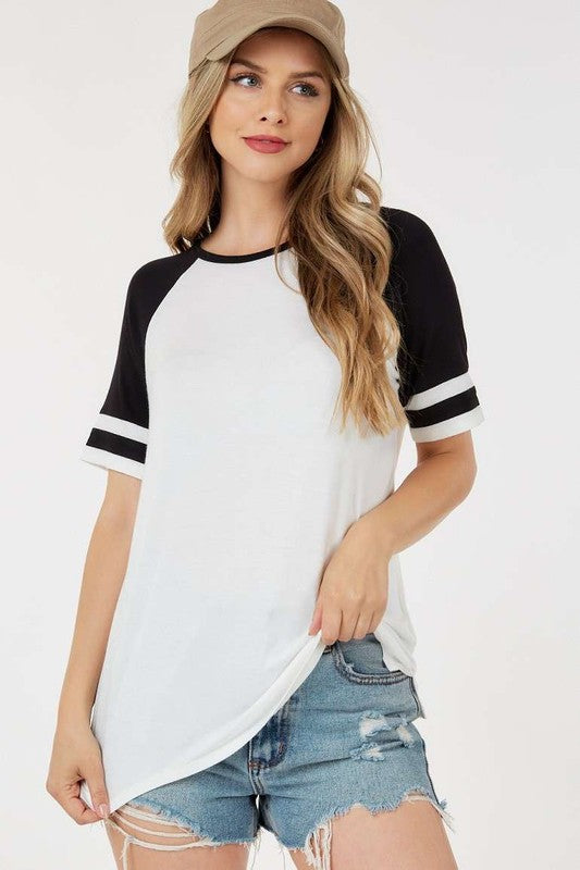 SS Round Neck Top with Striped Arms