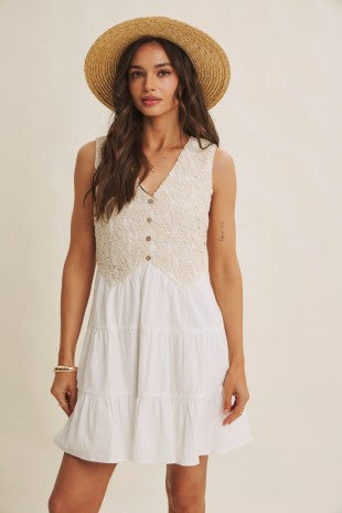 French Picnic Mixed Media Cotton Crochet Mini Dres