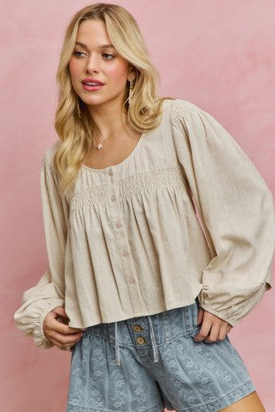 Linen Blend Woven Long Slv With Smocking Top