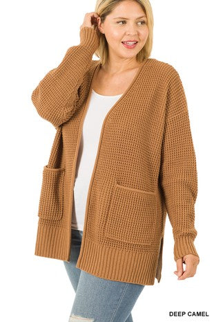 PLUS LOW GAUGE WAFFLE OPEN CARDIGAN SWEATER