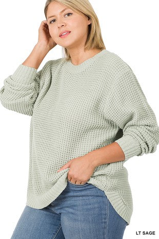 PLUS HI-LOW LONG SLEEVE ROUND NECK WAFFLE SWEATER