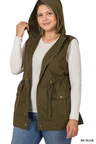 PLUS DRAWSTRING WAIST MILITARY HOODIE VEST