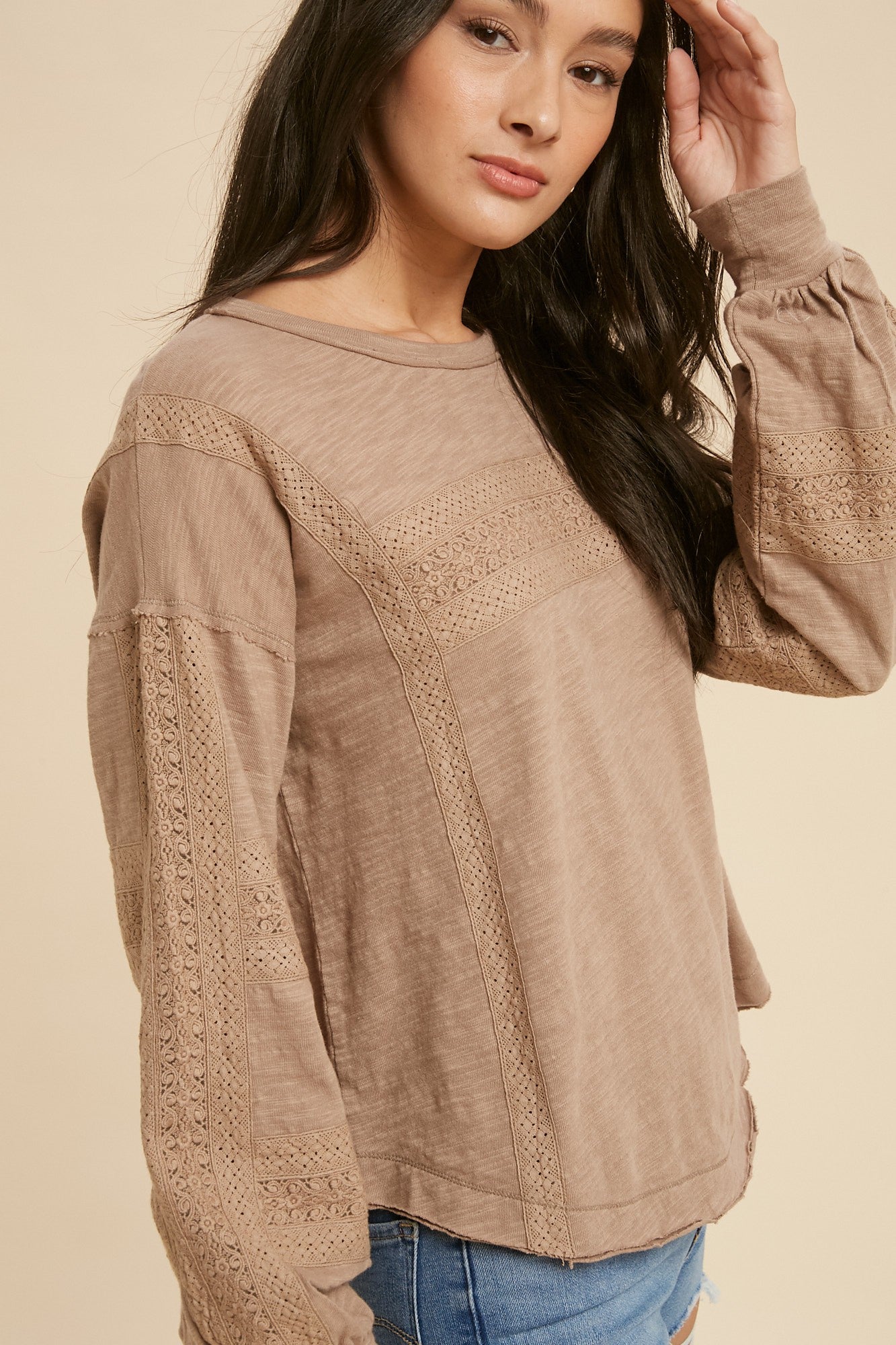 GARMENT WASHED LACE INSET LONG SLEEVE TOP