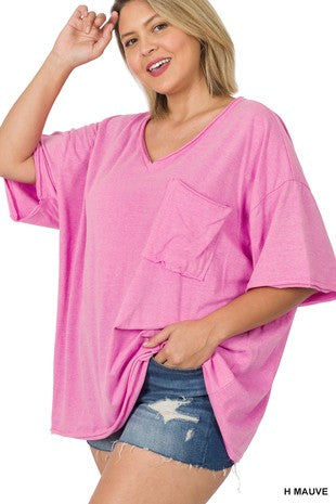 PLUS OVERSIZED FRONT POCKET RAW EDGE BOYFRIEND TEE