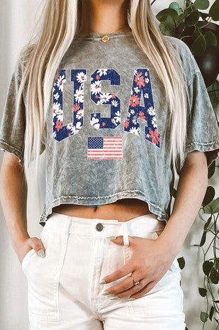 USA FLOWER MINERAL GRAPHIC LONG CROP TOP