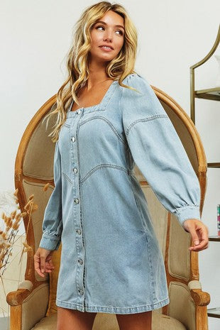 SQUARE NECK BUTTON FRONT WASHED DENIM DRESS