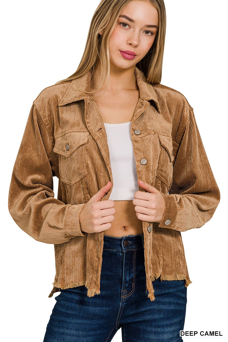 DISTRESSED CORDUROY FRAYED HEM CROPPED JACKET