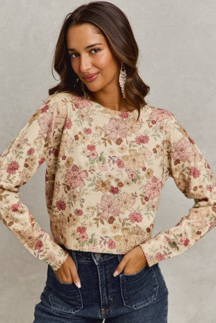 Floral Crew Neck Long Sleeves Sweater Knit Top