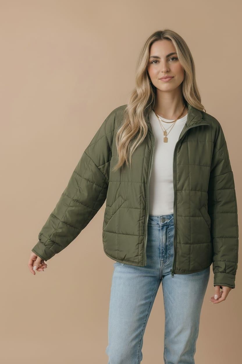 High Neck Zipper Up Quilted Puffer Jacket