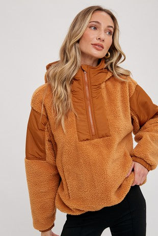 FAUX SHEARLING CONTRAST HOODIE