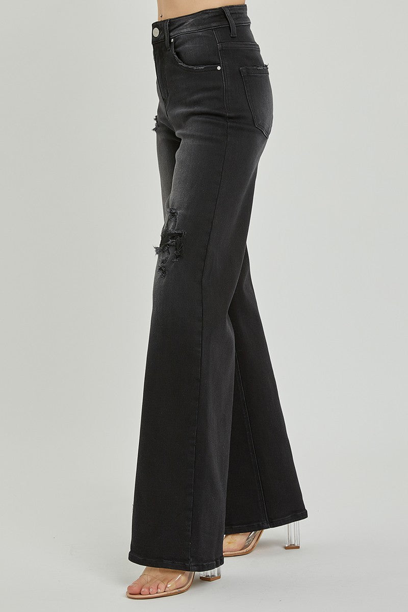 HIGH RISE DISTRESSED DETAIL WIDE LEG JEANS