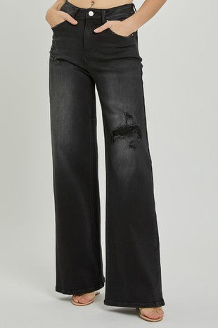 HIGH RISE DISTRESSED DETAIL WIDE LEG JEANS